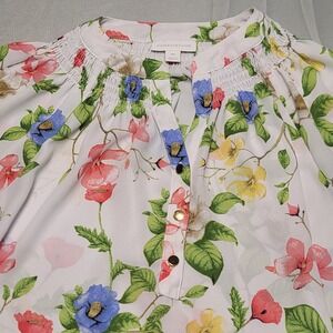 Charter Club Floral Smocked Blouse Women PM White Pink Blue Long Sleeve Boho Top